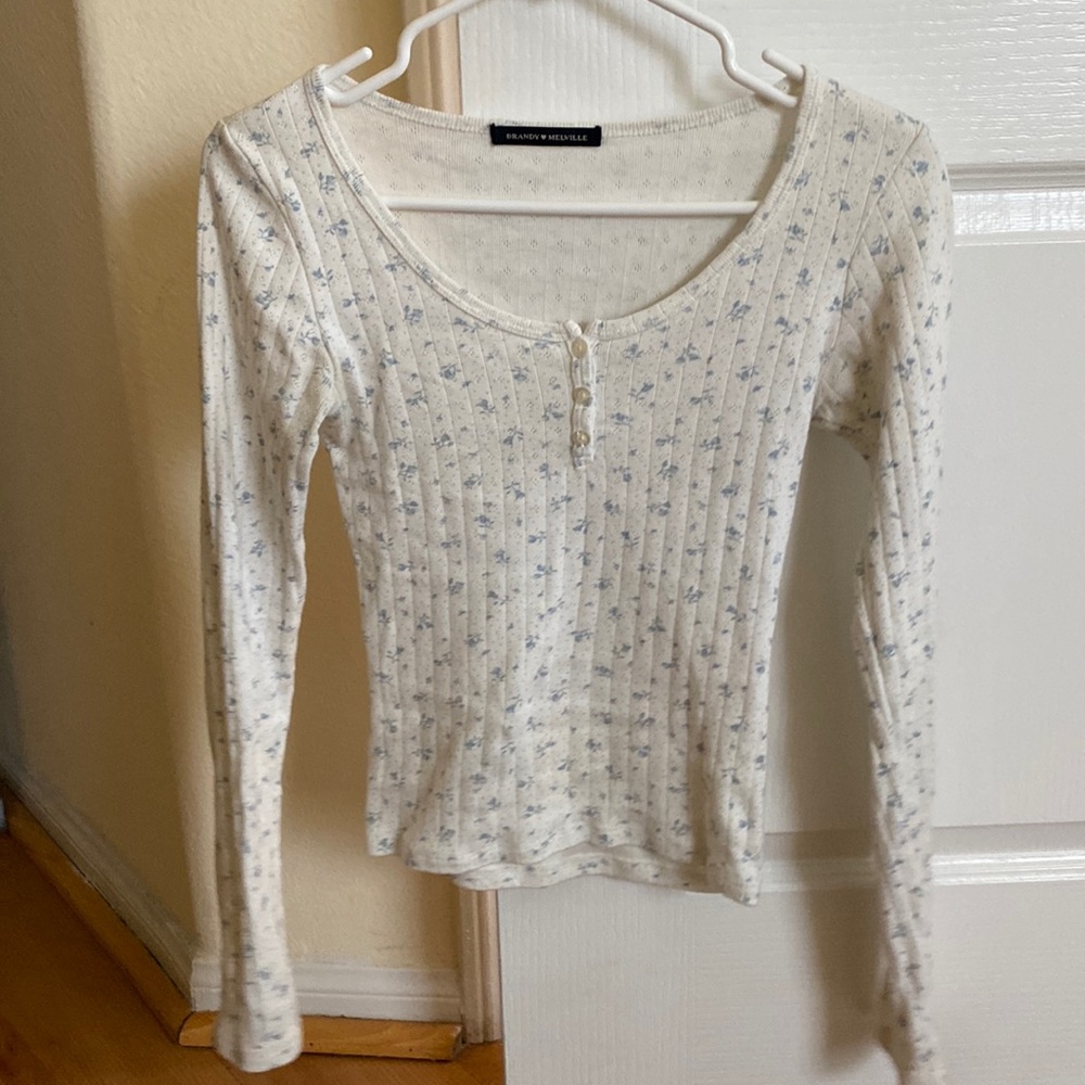 Brandy Melville white and blue floral long sleeve